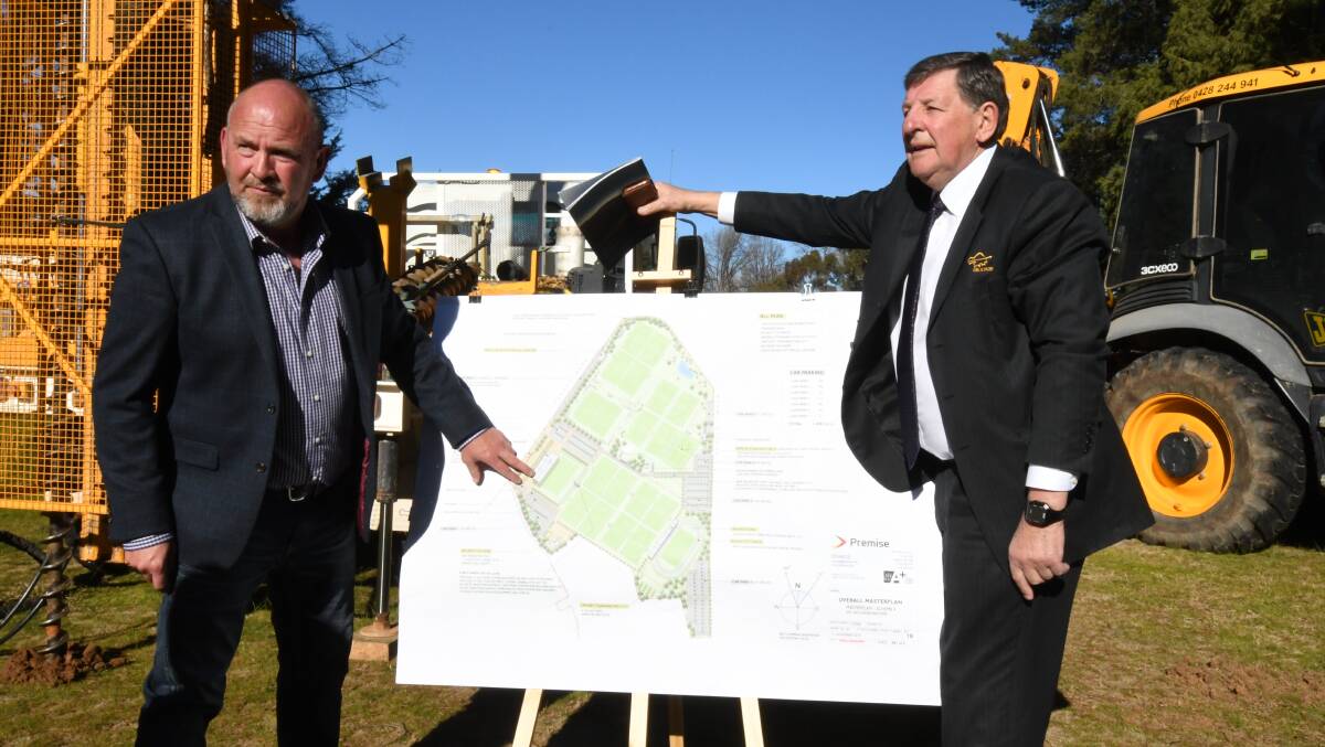 UNDERWAY: Coucillor Jason Hamling and Orange Mayor Reg Kidd at the commencement of work on the city's new $25 million sporting precinct. Photo: JUDE KEOGH