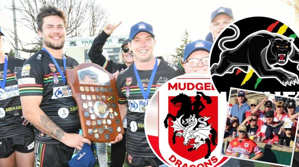 WE DID IT: Panthers duo Blake Lawson and Doug Hewitt celebrate the 2019 Group 10 premiership while Mudgee supporters (bottom right) watch on at Carrington Park.