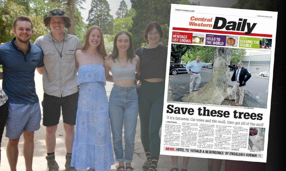 DECEMBER, 2020: Reiss Robinson, Tom Lloyd, Grace White, Eliza White, Paris Robinson after their HSC, and a December front page showing the Anson Street Mall debate. 