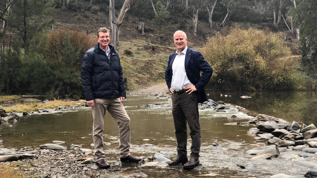 DAM OR NO DAM?: Member for Calare Andrew Gee and Deputy Prime Minister Michael McCormack at the Macquarie River crossing point. Photo: Supplied