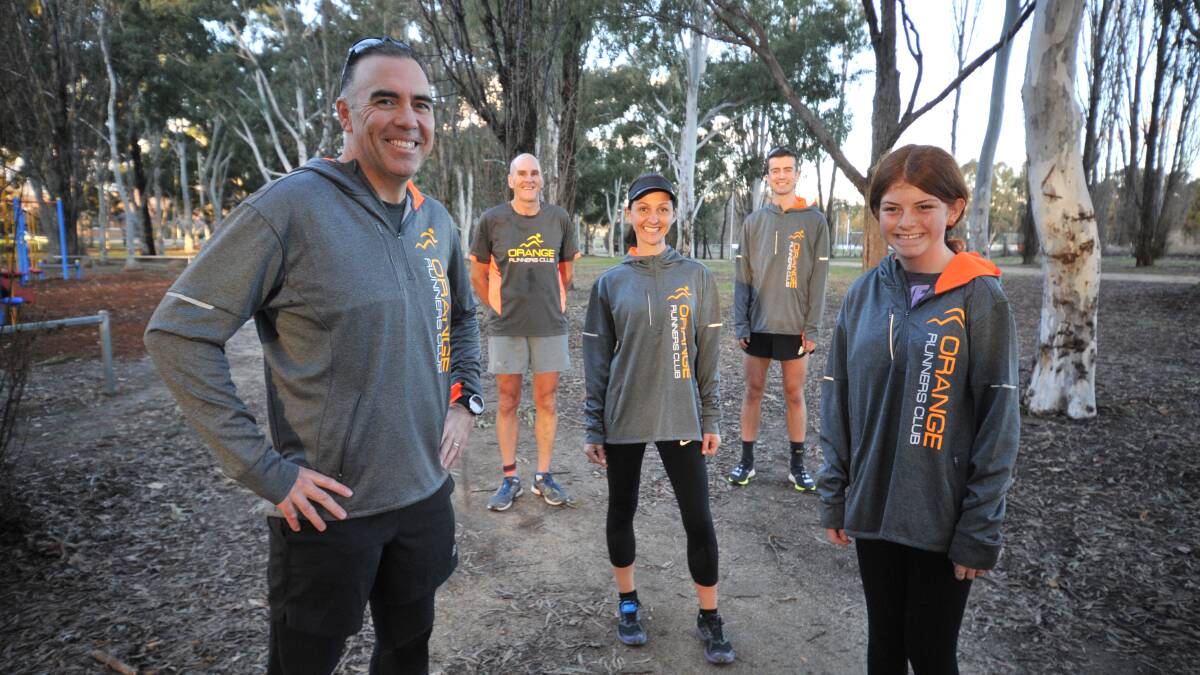 EARLY BIRDS: Runners Club members (from left) Anthony Daintith, Brad Simmons, Nicola Blore, Jack Daintith, Claire Gates. Photo: JUDE KEOGH