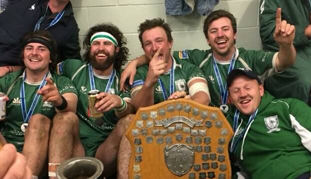 ONE FOR THE POOL ROOM: Kyran Bubb, picture with Emus teammates Jayden Norris, Tom Green, Jack Machinton and coach Paul Ringland, now has a rugby union title to sit alongside his three league premierships. 