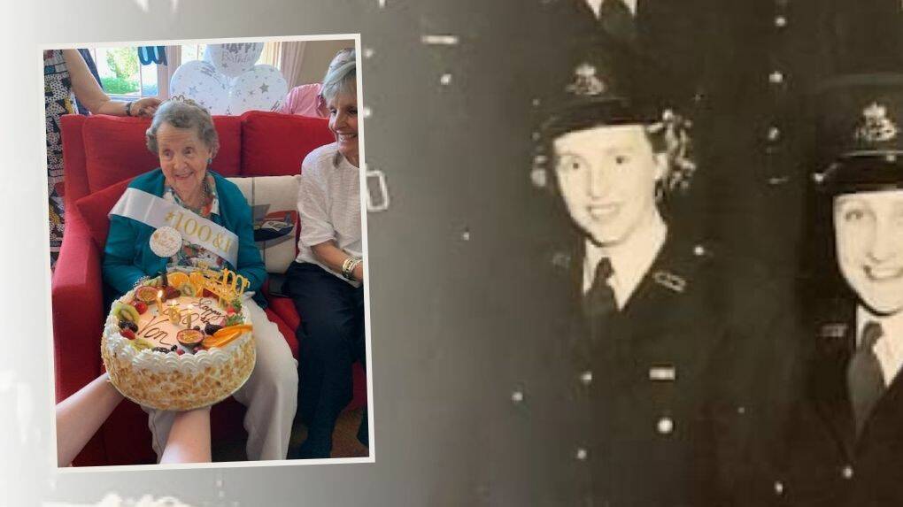 A FORCE: Yvonne (nee Robertson) Tupman (front row, right) was one of NSW Police Force's first policewomen in 1945 and (insert) celebrating her 100th birthday.