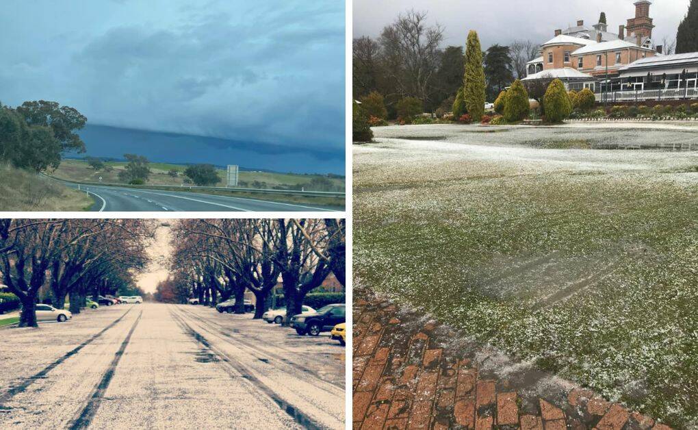 Clockwise from top left, Karen Fliedner's shot of the storm rolling over Orange on Saturday, Robert Linklater's picture of the hail at Duntryleague and Erin Rose's shot of the hail covering Sampson Street in the city's CBD. 