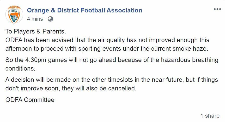Junior football has been cancelled thanks to the smoke haze across Orange.