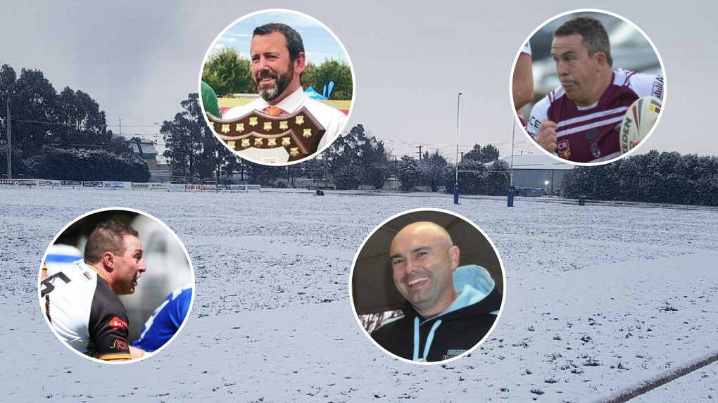 DIVIDED: Oberon Sportsground covered in snow, with, from left, Luke Branighan, David Chapman, Mark Johnston and Tim Mortimer. 
