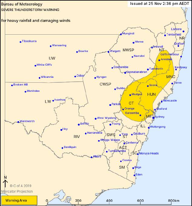 WARNING: The BoM has issued a storm warning for the highlighted area, including Orange. Photo: BOM