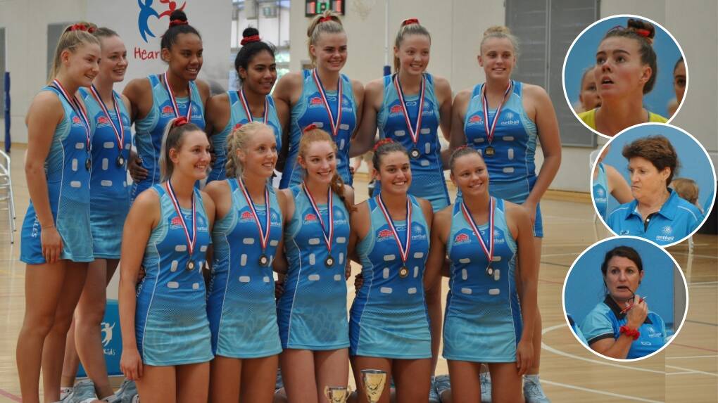 BLUE WASH: The victorious NSW under 19s side and, inset from top, under 17s gun Alex Emerson, Jill McIntosh and Marianne McCormick.