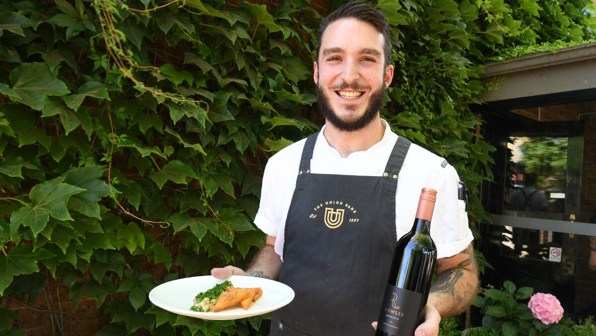 A MATCH MADE IN HEAVEN: The Union Bank Schoolhouse Restaurant's head chef Dom Aboud with the Steak Tartare and 2018 Rowlee Nebiollo. Photo: JUDE KEOGH