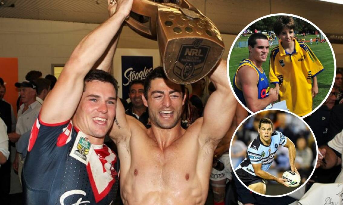 RETURNING HOME: Daniel Mortimer pictured with Anthony Minichiello after the 2013 grand final win and (inserts from top) at a Parramatta Eels training session at Orange and with Cronulla. Main photo: NRL PHOTOS