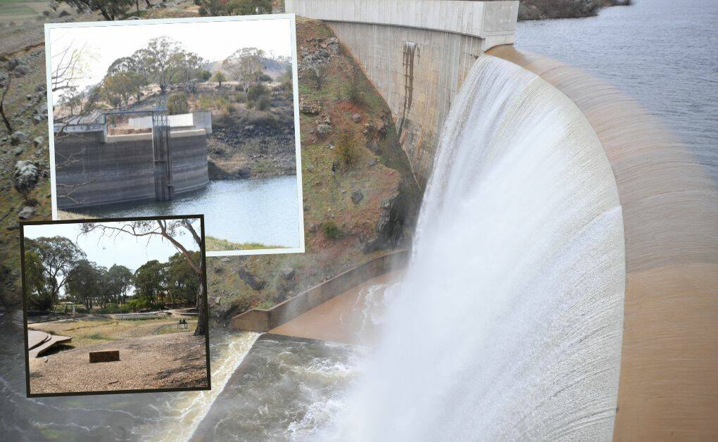 Water flows over the wall at Suma Park in July 2021, and (insets) Orange while in the grip of drought in December 2020. Photos: JUDE KEOGH and CARLA FREEDMAN