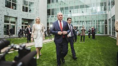 Barnaby Joyce is flanked by Bridget McKenzie and David Littleproud following his return to the leadership of the Nationals in June, 2021. Picture: Dion Georgopoulos
