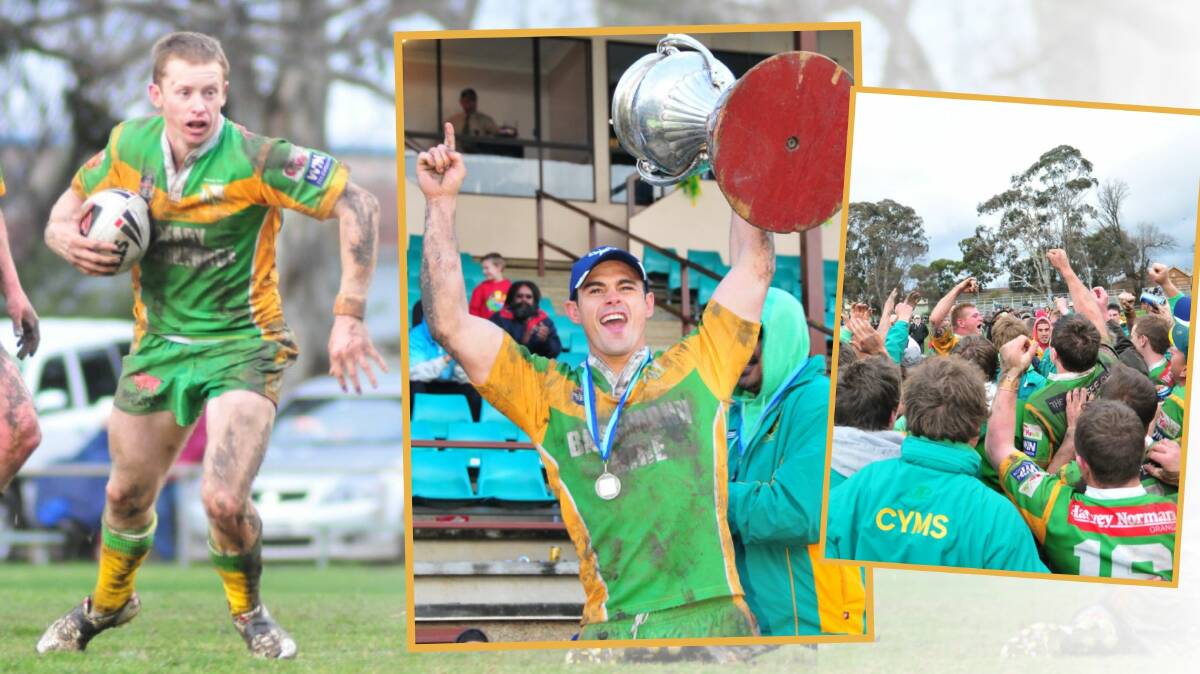 A DECADE ON: Matt Williamson, Mick Sullivan and the celebrations after CYMS took out the 2010 Group 10 grand final at Wade Park. Photos: CASS BLACKLOW