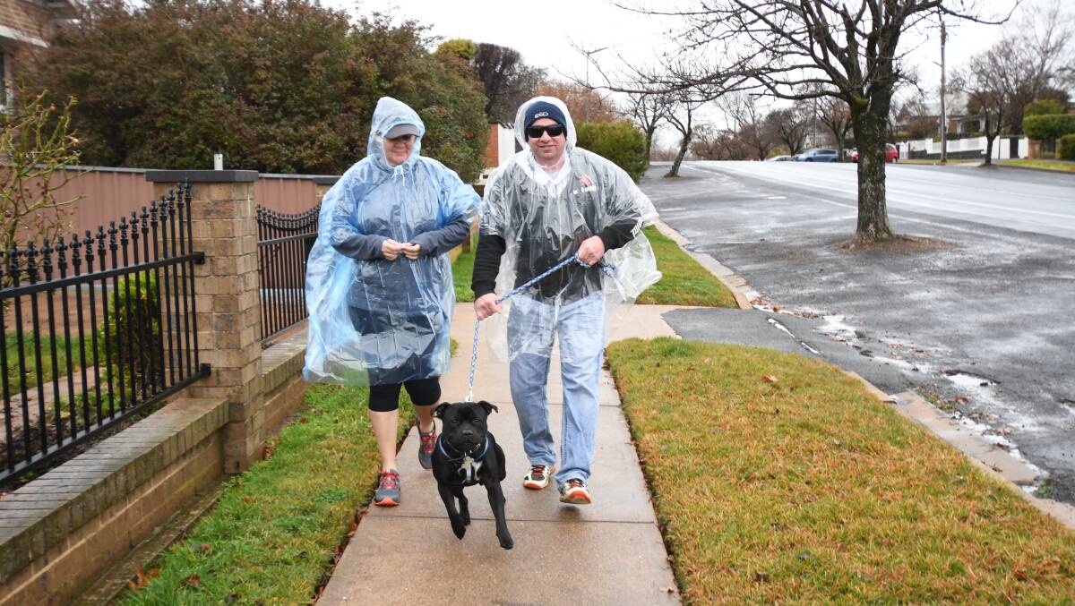 WET AND WILD: Teena Huddleston and Jason Harvey with Zeus out on their Sunday walk in the rain. Photo: CARLA FREEDMAN
