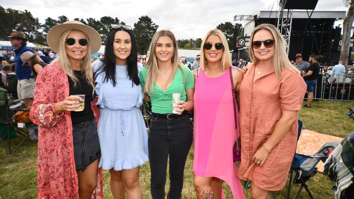 Belinda Spurr, Chonnie Webb, Sally White, Maggie Morris, Nicole Buesnel at Heifer Station for A Day on the Green on Saturday. Photo: JUDE KEOGH