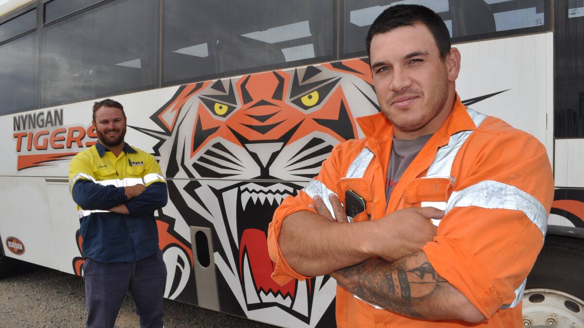 ON THE BUS: Nyngan Tigers' Jacob Neill and Justin Carney ahead of the 2019 season. Photo: NICK McGRATH