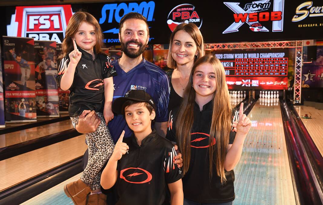 Jason Belmonte with Sylvie, Hugo and Aria and wife Kimberly after claiming his 13th major in March, 2020. Photo: PBA