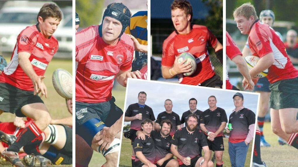 FLASHBACK: Ryan Pratten, Lachie McCutcheon, Luke Brown and Craig Campbell in Gorillas' colours in 2009 and, insert, together again with a few more teammates at Saturday's reunion. 