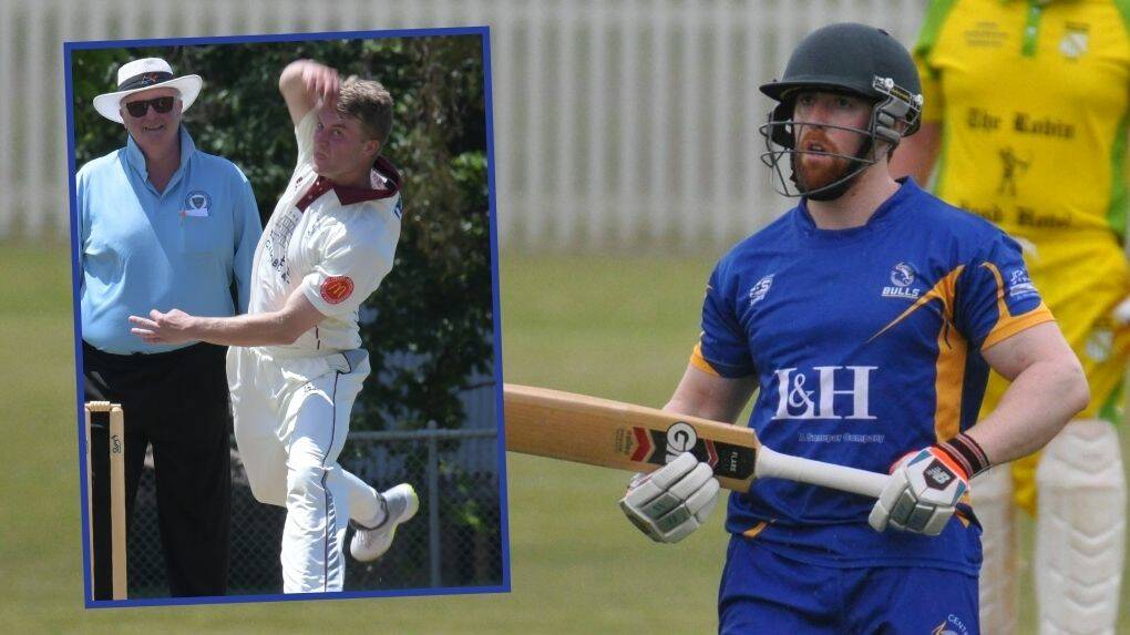 TOP OF THE CLASS: Blake Aubin and Hugh Britton (insert) lead the BOIDC's run and wicket stakes after round five. Photos: JUDE KEOGH and NICK McGRATH