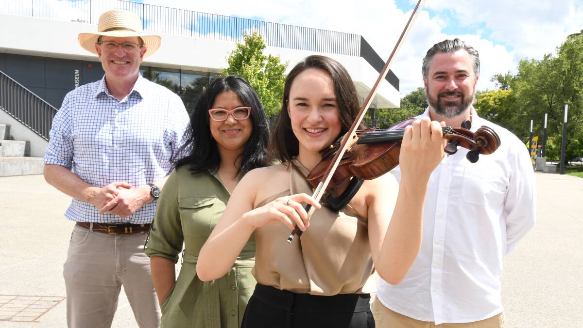 FUNDING: Member for Calare Andrew Gee, Orange Chamber Music Festival director Carmen Nieves, violinist Rachael Kwa and festival founder and saxophonist Jay Byrnes. Photo: JUDE KEOGH