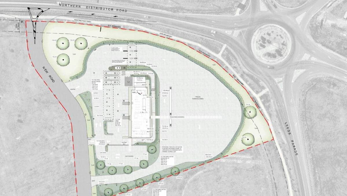 PLAN: The service centre and restaurant complex overlaid on an aerial photo of the site at the Leeds Parade-Northern Distributor roundabout in north Orange. Photo: Supplied