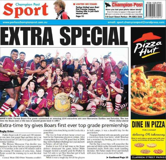FLASHBACK: The back page of the Parkes Champion Post when the Boars won the club's first top grade Central West Rugby Union premiership in 2011, beating Narromine. 