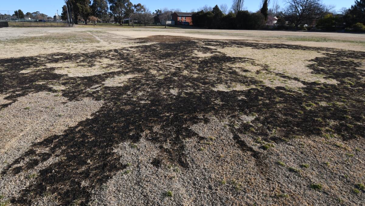 BURNT GRASS: There's large areas of damage to the turf on Glenroi Oval following a couple of grass fires in the area in recent weeks. Photo: JUDE KEOGH