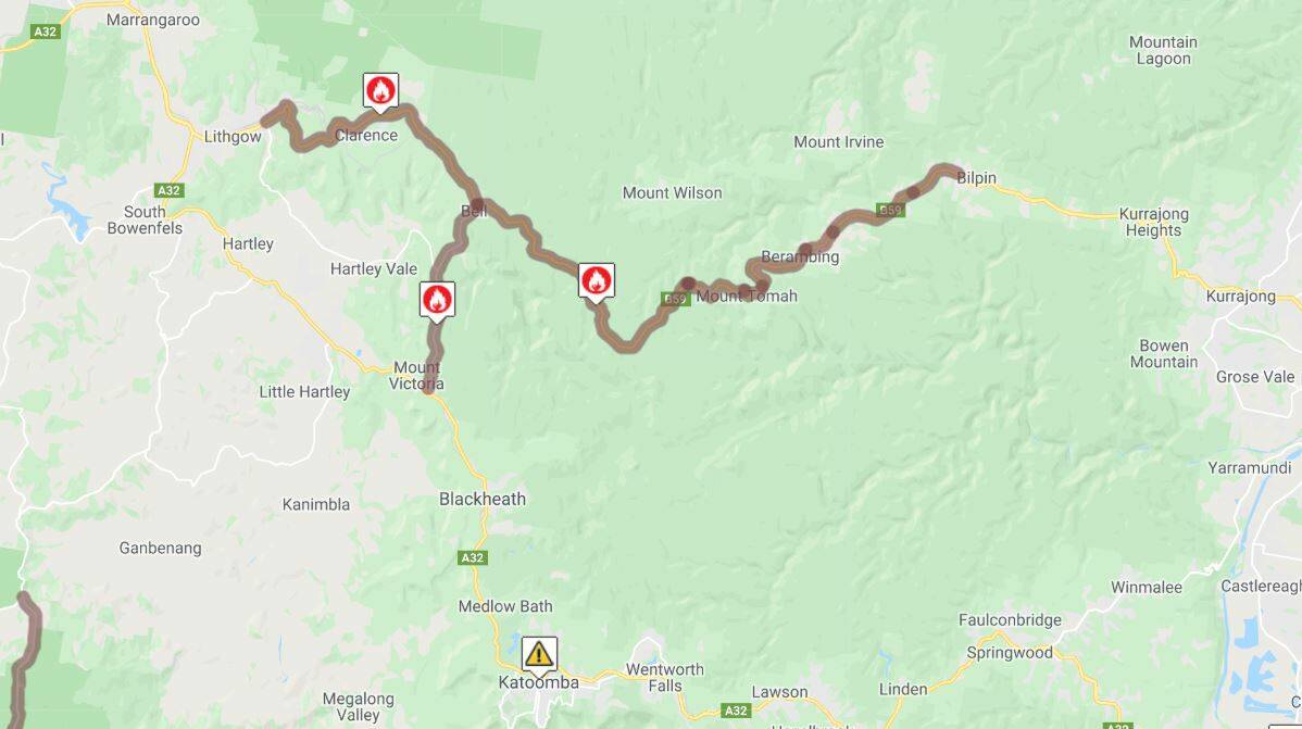 ROAD CLOSURE: The Bells Line of Road is impacted by the Gospers Mountain blaze, with sections between Bilpin and Lithgow closed as emergency services battle the moving front. 