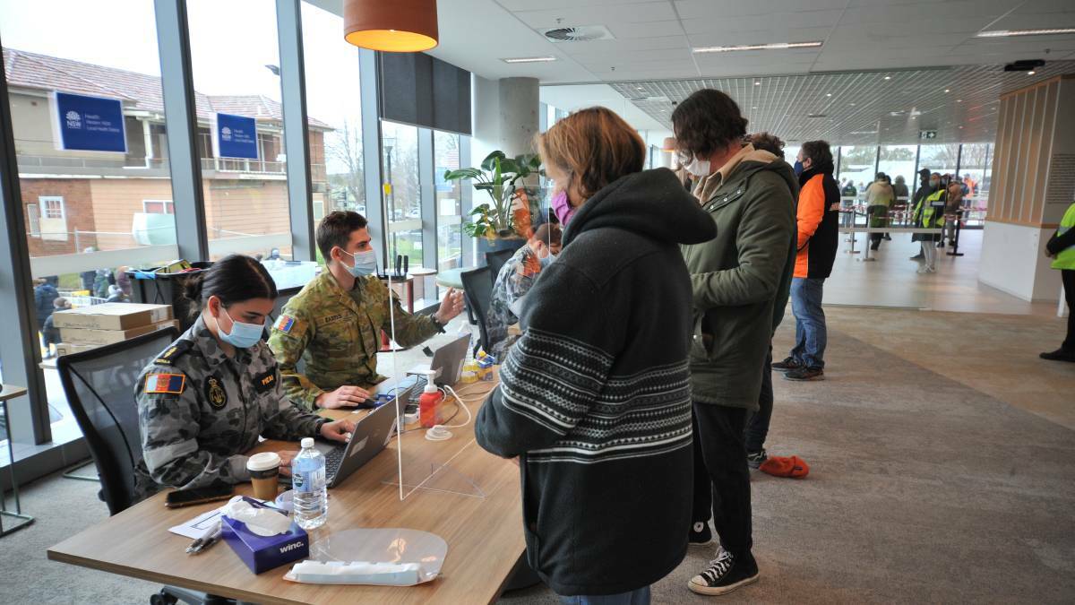 The army was called into to help with the vaccination roll-out across the Western NSW LHD, with Orange's vaccination hub at the DPI Building on Prince Street flooded with people for the seven days it was in the city. Photo: JUDE KEOGH