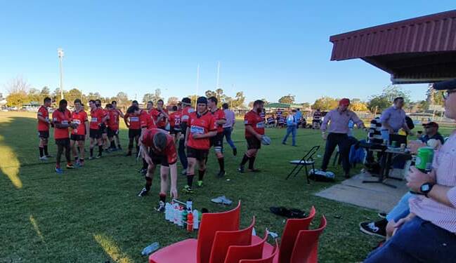 HARD-EARNED THIRST: Narromine after knocking off Mudgee on Saturday. Photo: NARROMINE GORILLAS RUGBY CLUB
