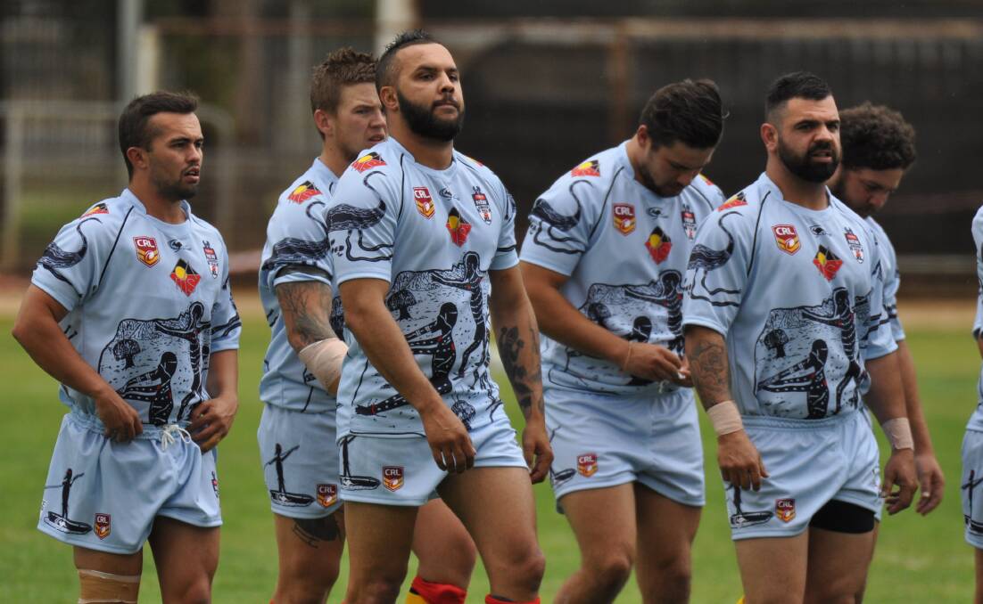 ALL TOGETHER: Indigenous All Stars (from left, foreground) Jordan Dwyer, Jeremy Gordon and Ben Gunn in 2018 at Cowra. Photo: NICK McGRATH