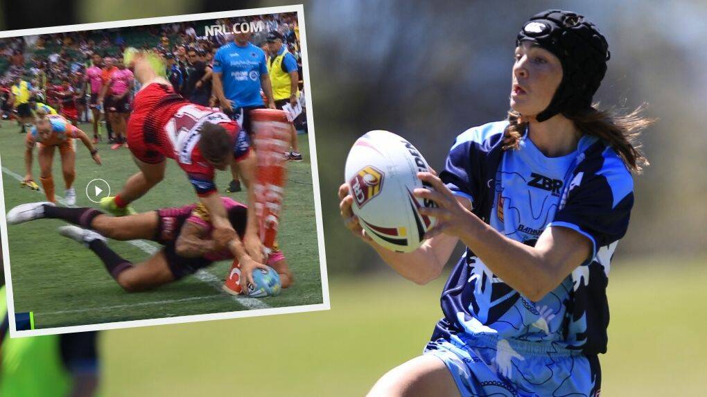 ON THE WAY UP: Cody Ramsey pictured playing with Group 10's under 16s in 2016, and (insert) scoring that try in the NRL Nines last week. 