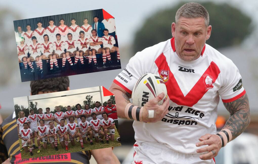 CHARGE: Western luminary Simon Osborne coaches Manildra and has lifted the young side's forwards in 2018, inserts, 1993 title winning Rhinos and this year's youth league outfit. Main Photo: RS WILLIAMS
