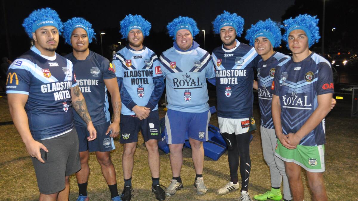 GOING BLUE: Haws and Bloomfield players, from left, Dean Vete, Willie Heta, Jack Middleton, Toby Collins, Adam Hamling, Tyrone Dixon, Kyle Morley. Photo: NICK McGRATH