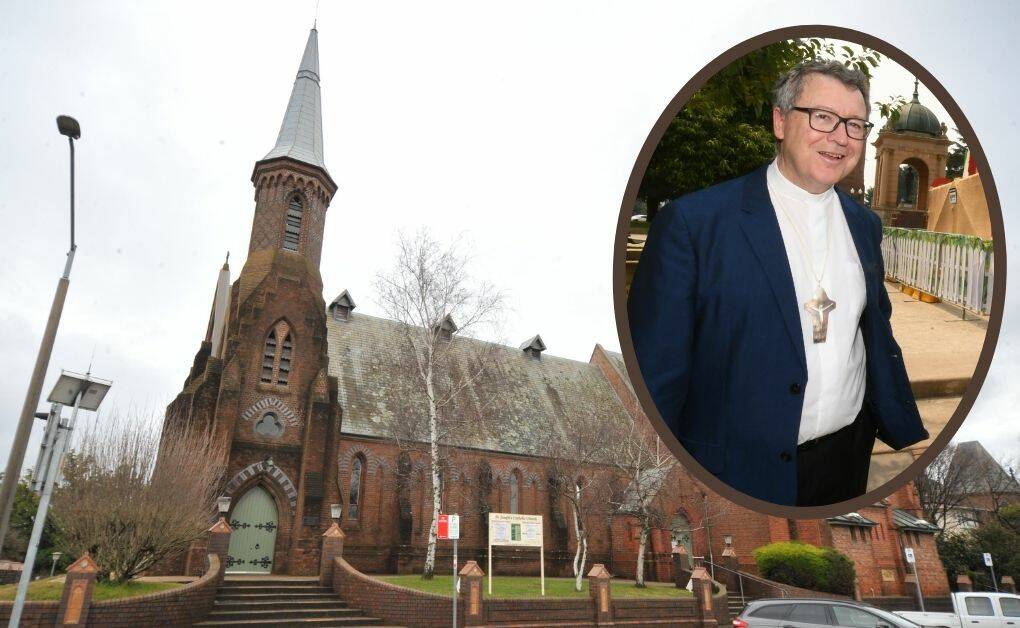 RESTRICTED: Bishop Bishop of the Catholic Diocese of Bathurst, Michael McKenna inset) says COVID restrictions at churches like St Joseph's are important. 