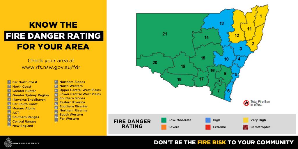 WARNING MAP: A graphic used by the NSW RFS to show the level of warnings issued across the state ahead on Sunday. 