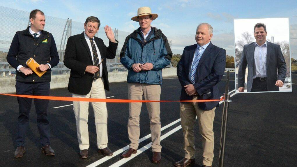 RIBBON CUTTING: Sam Farraway MLC, mayor Reg Kidd, Member for Calare Andrew Gee and Cr Jeff Whitton on the new bridge and (insert) Phil Donato. Photo: JUDE KEOGH