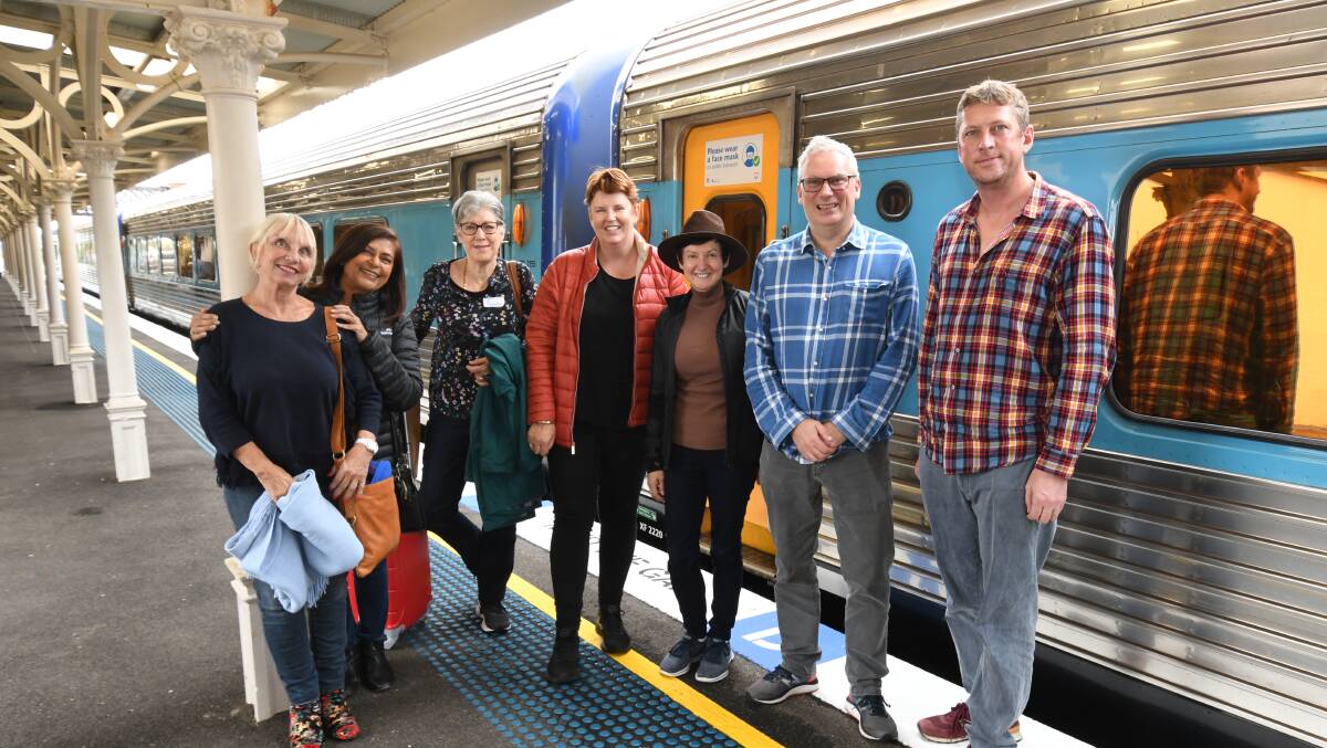 FOODIES: Guests arrive on Friday in Orange for the FOOD Train tour 2022, bringing Sydney-siders Bronwyn Pierce, Renuka Patel, Jeanette Tiedt, Nicole Farrell, Cathy McBride, Andrew Clarke and Mark Hrynczak. Photo: JUDE KEOGH.