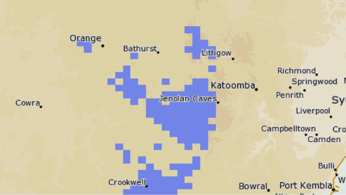 The blue areas represent where the Bureau of Meteorology is expecting snow to fall across the region this week - this graphic is taken from 4am on Wednesday, June 1.