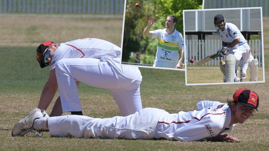 KEY ROUND: Centrals players watch on as this ball splits the slips while (inserts) Hugh Le Lievre and Russell Gardner had big days for their respective sides. Photos: JUDE KEOGH