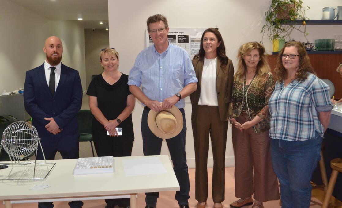 SET IT STONE: Adam Jannis, Stacey Whittaker, Andrew Gee, Kate Hook, Kay Nankervis and Sarah Elliott were all in attendance for the Calare ballot draw. Photo: RILEY KRAUSE.