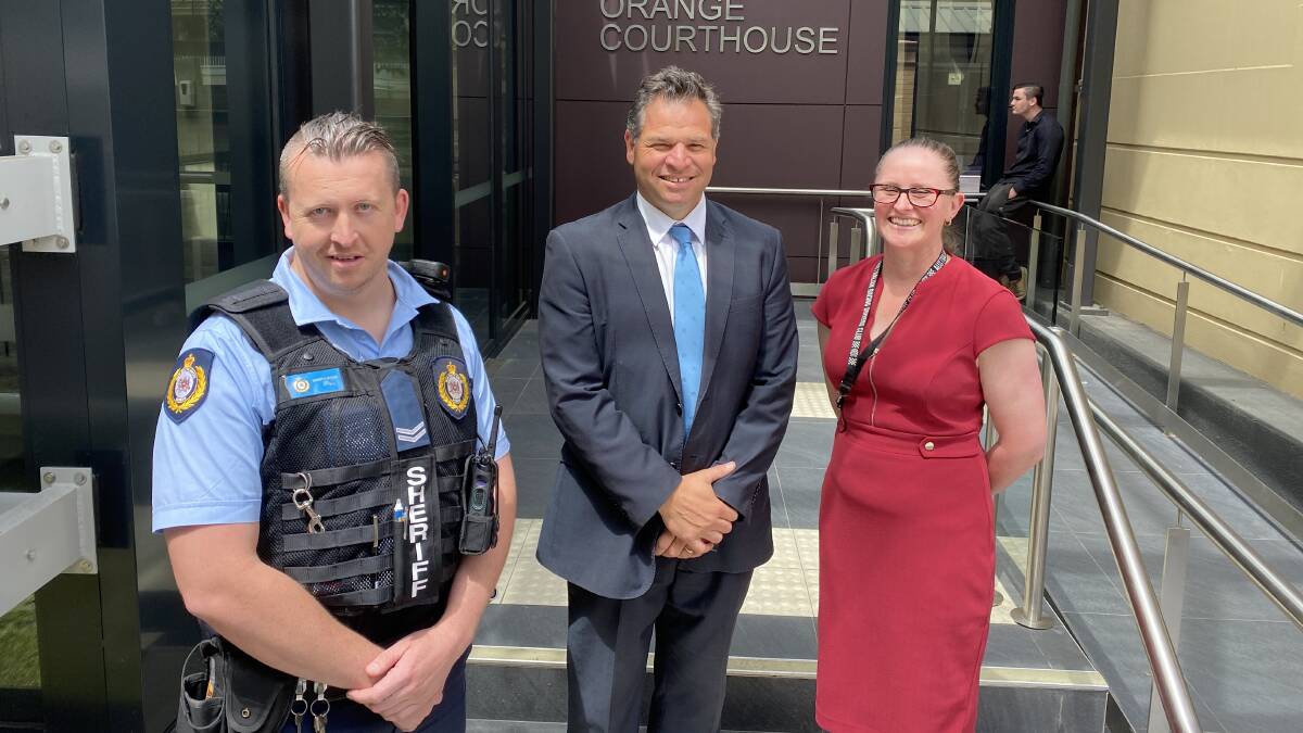 WELCOME FUNDING: Phil Donato with Sheriff's Officer Brendan Swain (left) and Court Registrar Olivia Lee (right) at the new $2.2m security entrance to the Orange Court House.