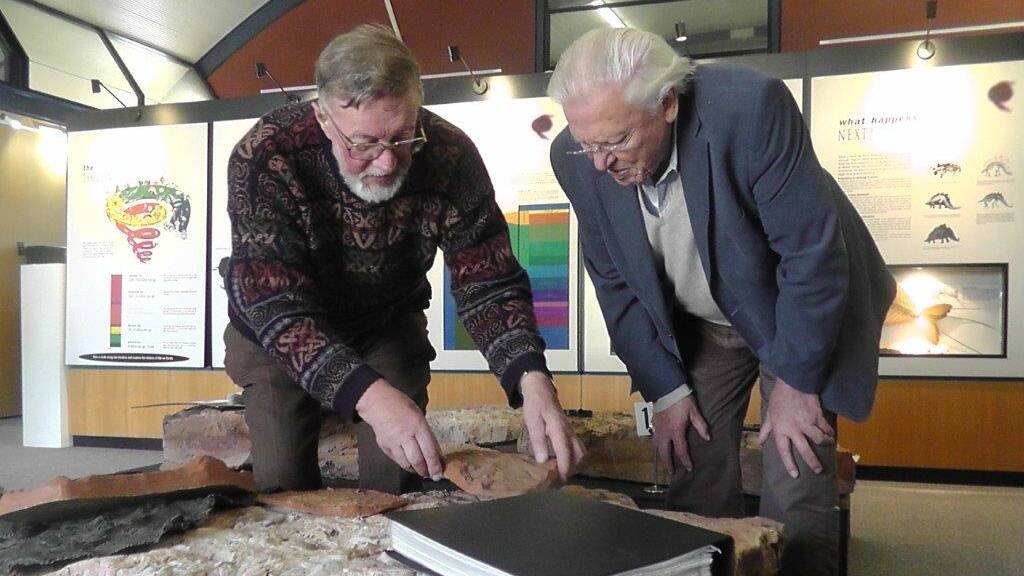 RICH HISTORY: Former Australian Museum palaeontologist Dr Alex Ritchie (left) and one of the worlds most famous broadcasters and natural historians Sir David Attenborough at the Age of Fishes Museum in 2013. Photo: CONTRIBUTED
