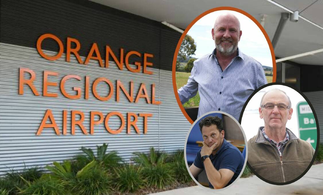 The Orange Regional Airport terminal and (insets, from top) Orange mayor Jason Hamling, Blayney mayor Scott Ferguson and Bathurst mayor Jess Jennings. Picture file