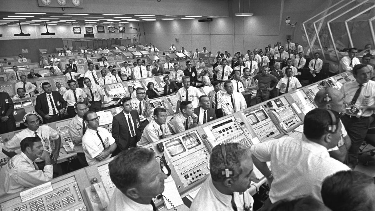 ANNIVERSARY: This July 1969 photo provided by NASA shows launch controllers in the firing room at the Kennedy Space Center in Florida during the Apollo 11 mission to the moon. Photo: AAP