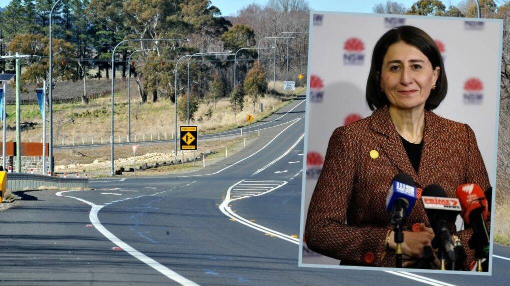 A vacant Mitchell Highway near Orange and (inset) NSW Premier Gladys Berejiklian has announced the lockdown will continue until at least September 10. 