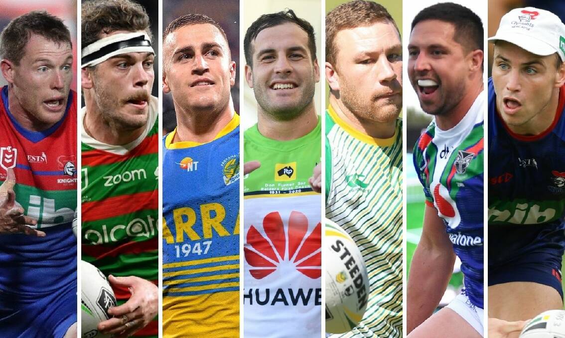 HANGING THEM UP: From left, Tim Glasby, Ethan Lowe, Cameron King, Michael Oldfield, Shannon Boyd, Gerard Beale and Jamie Buhrer are out of the NRL for 2021 ... who could end up in country footy? Photos: NRL IMAGES