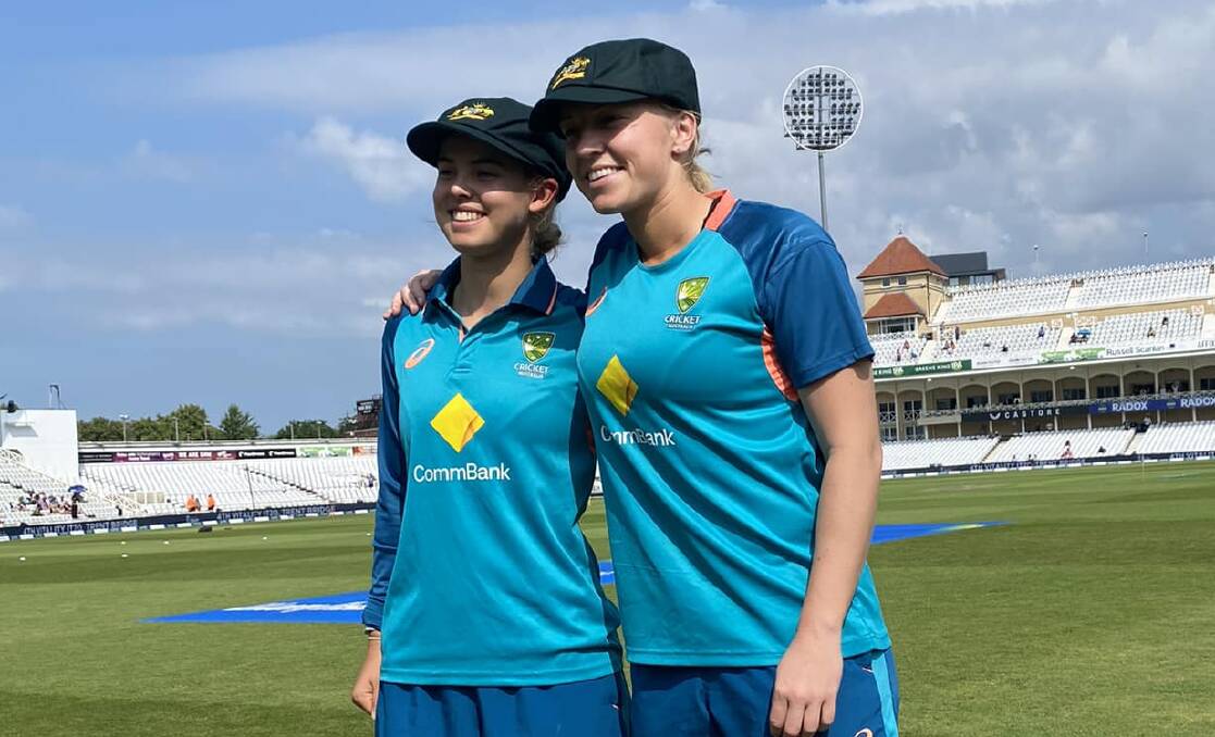 Phoebe Litchfield and Kim Garth with their new Baggy Green caps. Picture by Australian Women's Cricket Team Facebook