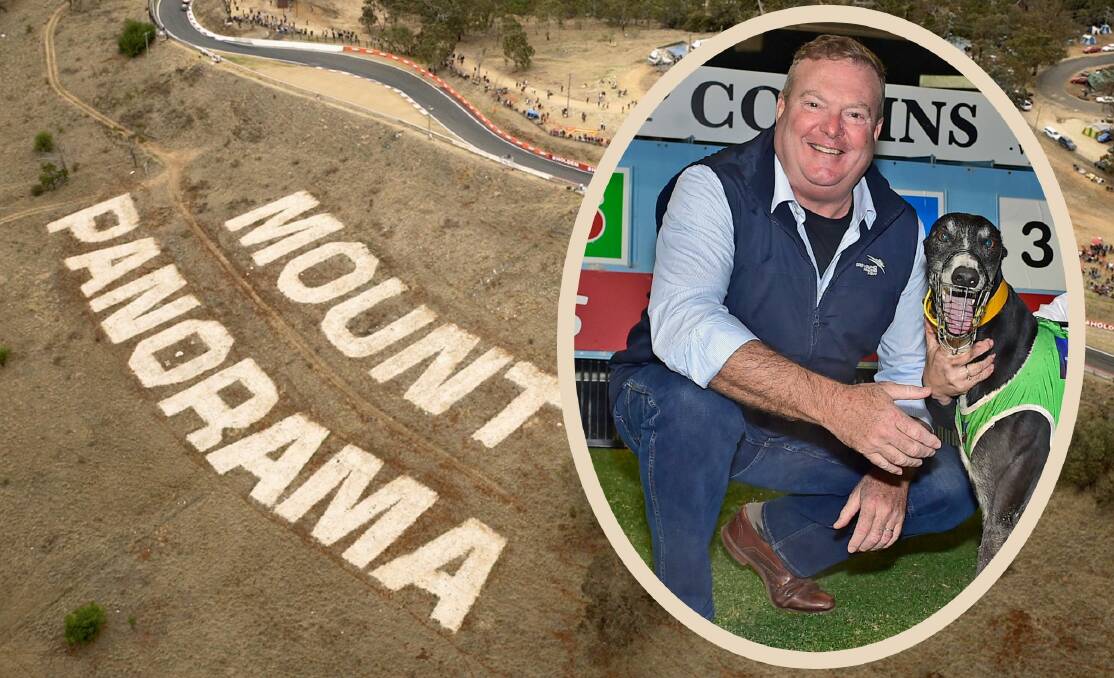 Mount Panorama at Bathurst and (inset) Greyhound Racing NSW CEO Rob Macaulay. File pictures