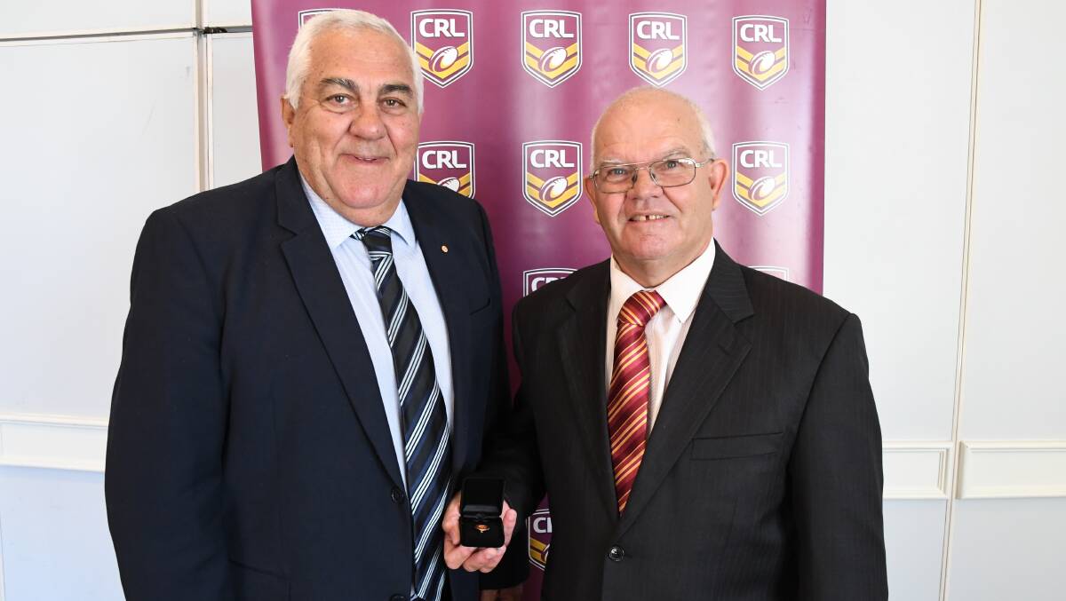 TOP AWARD: CRL's John Anderson presented Peter McDonald with life membership, the Cowra adminstrator becoming the ninth Western figure to be bestowed with the honour. Photo: CRL